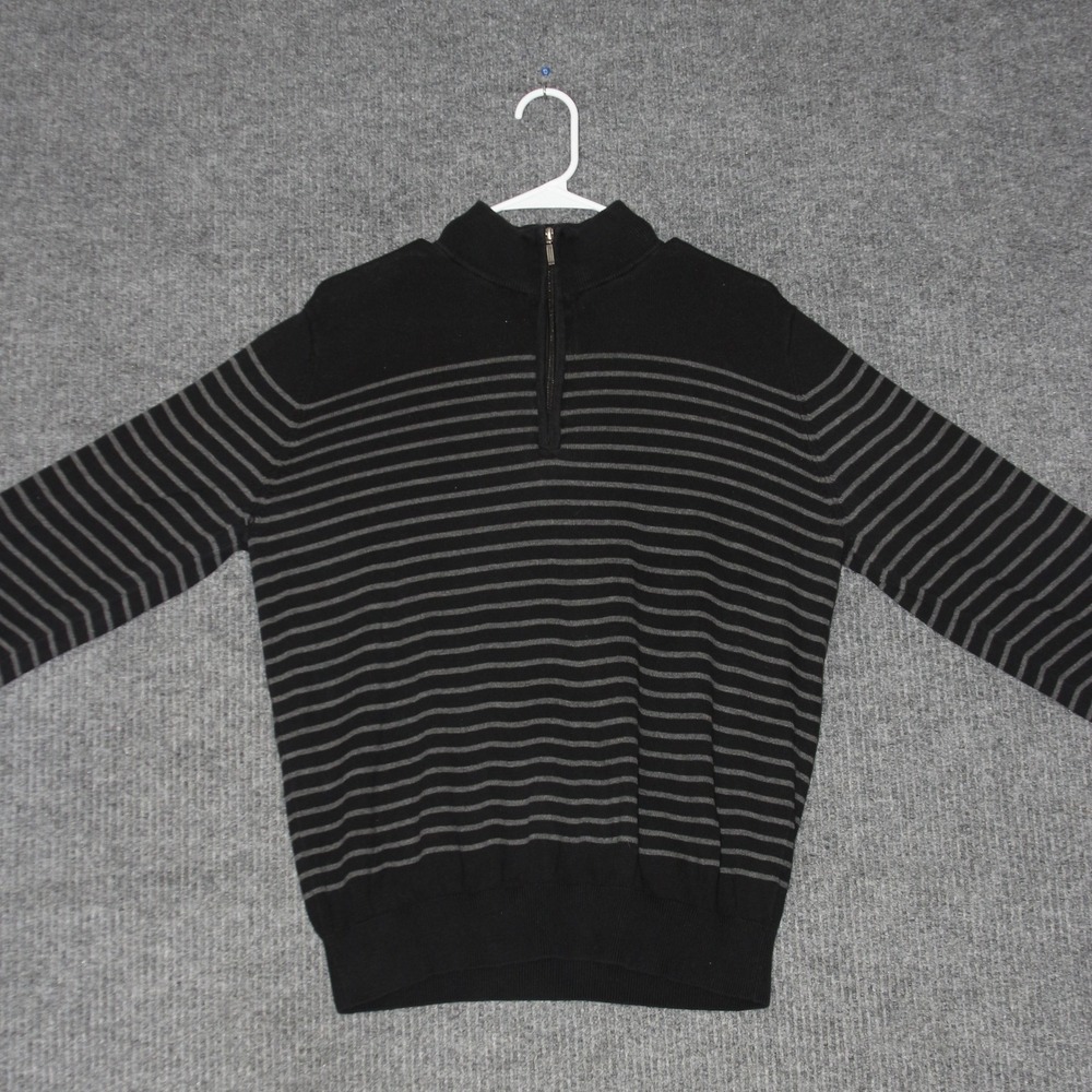 LL Bean Sweater Mens M Black Gray Striped Quarter Zip Cotton Cashmere Blend